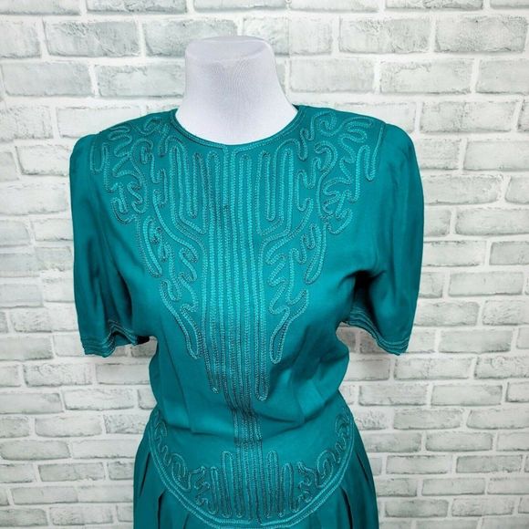 Vintage 80s Sarah Elizabeth Green Embroidery Secretary Midi Dress Short Sleeves - Picture 3 of 10